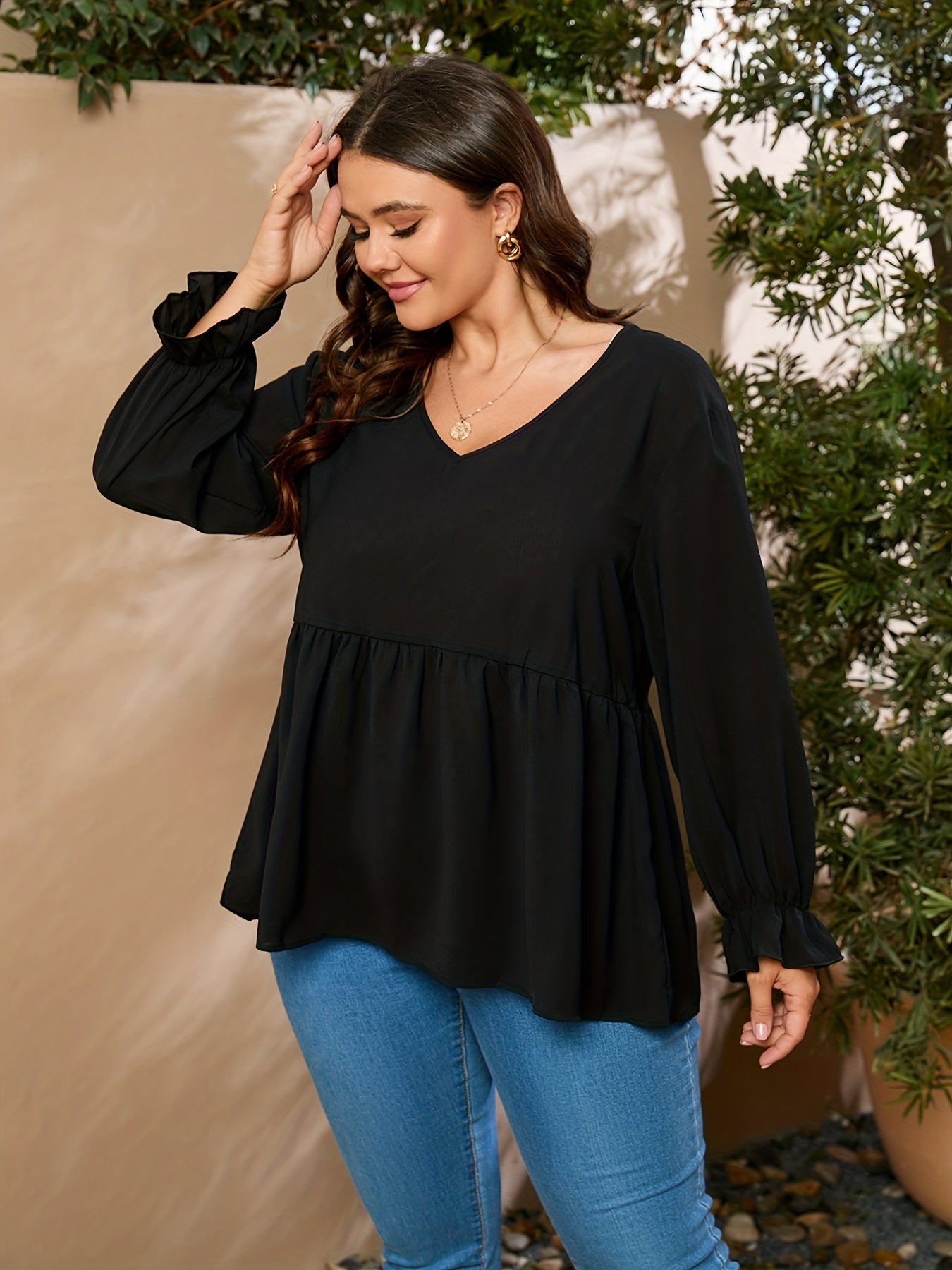  V Neck Ruffle Trim Long Sleeve Blouse