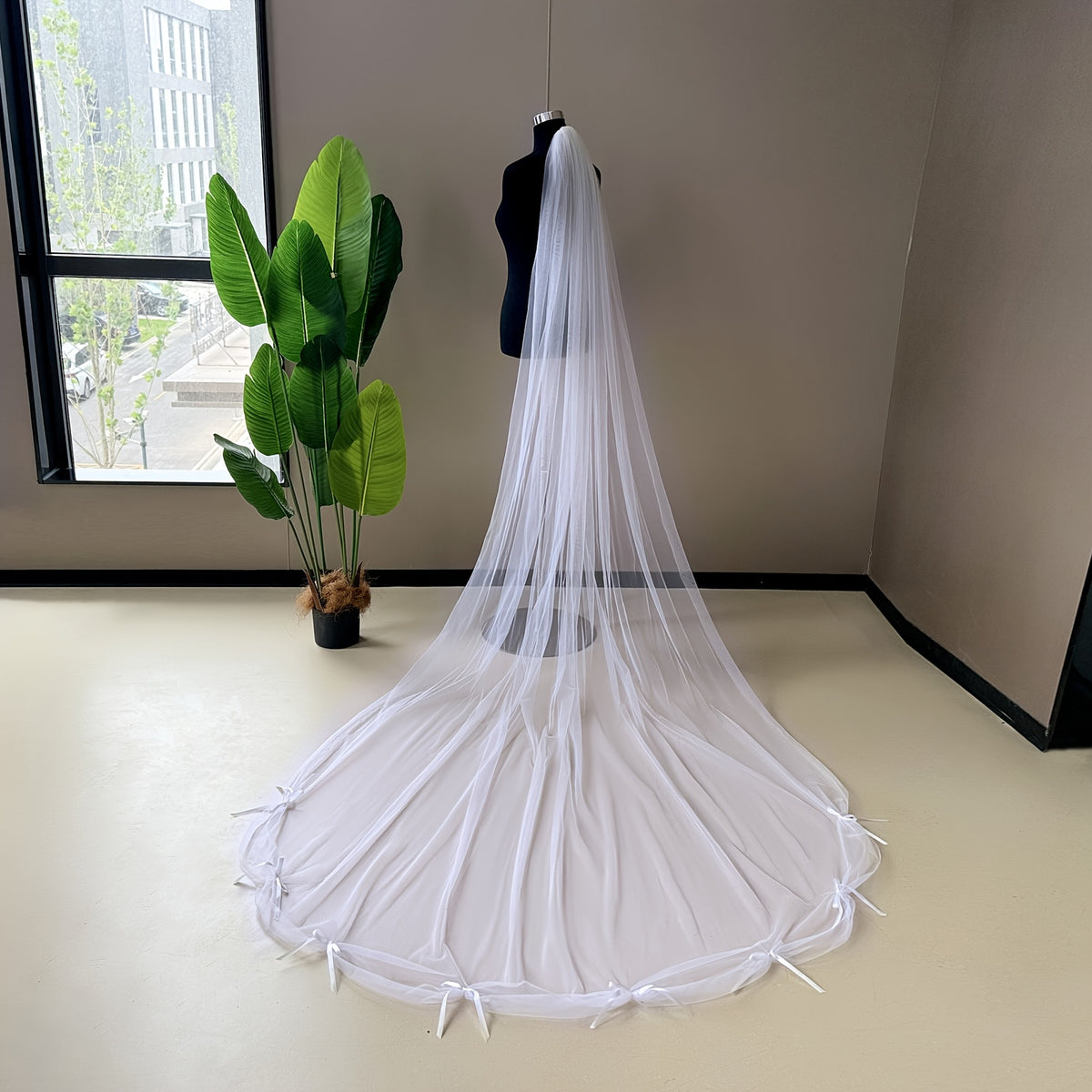 V-Shaped Bridal Veil with Ruffled Edges & Tulle Overlay
