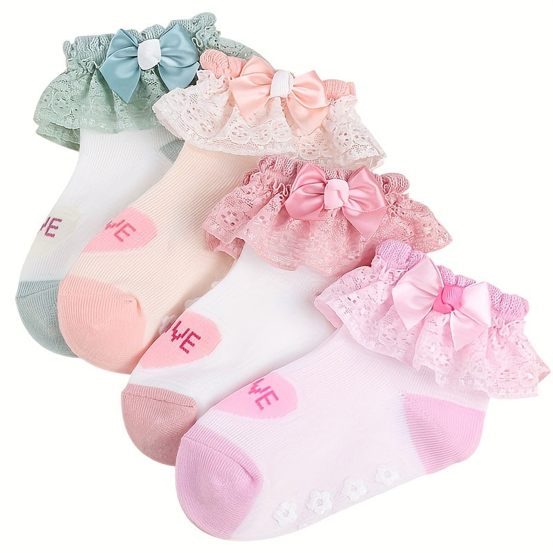 3 Pairs Kids Heart Graphic Lace Trim Princess Crew Socks