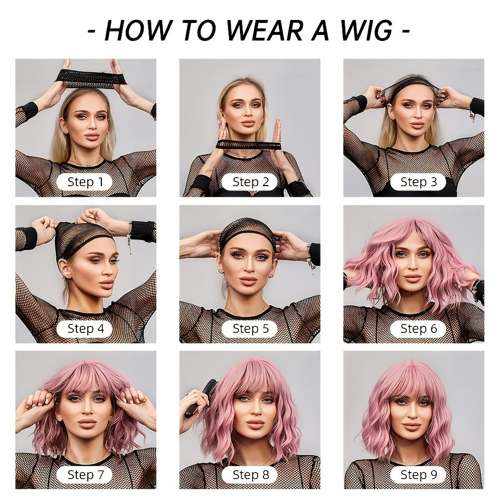 Short Bob Wavy Curly Wig With Bangs Heat Resistant Hair Wigs