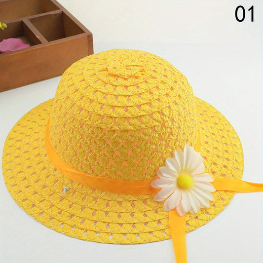 Girls Floral Straw Sun Hat Lightweight Sunscreen Breathable Cap for Kids