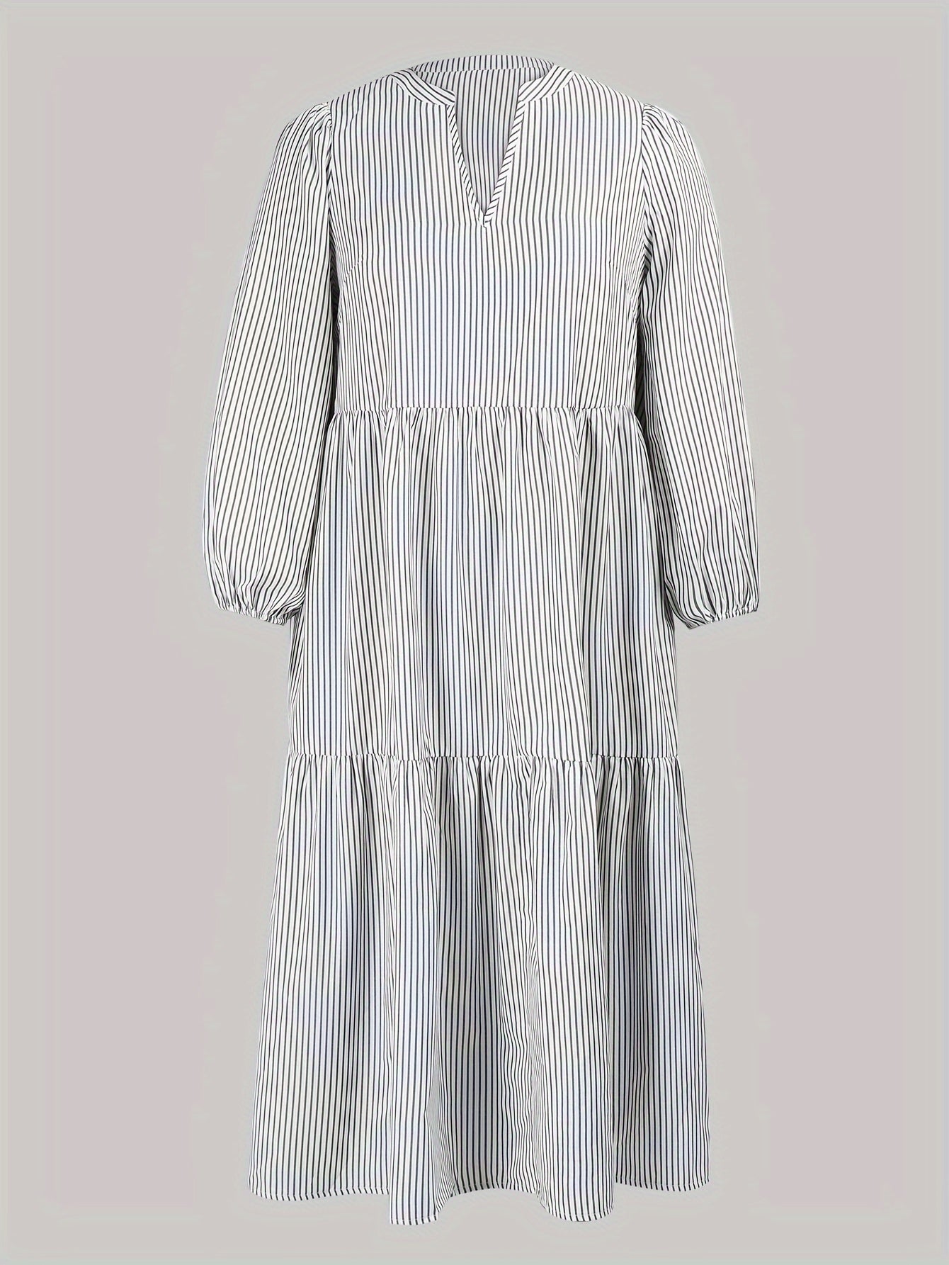  Stripe Print Lantern Sleeve Notched Neck Smock Maxi Dress