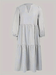  Stripe Print Lantern Sleeve Notched Neck Smock Maxi Dress