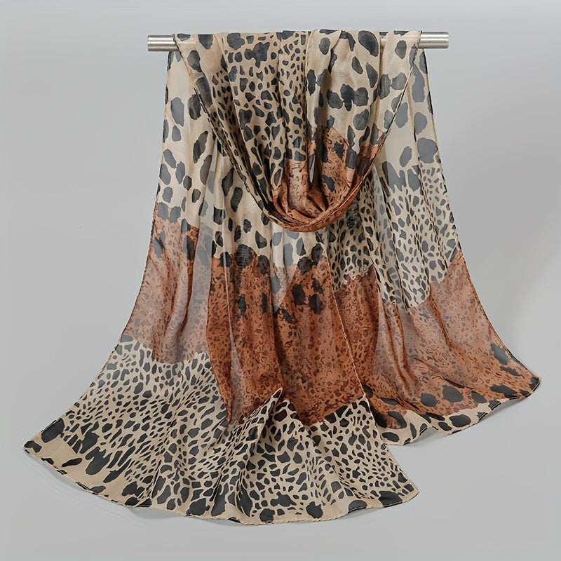 Leopard Print Chiffon Scarf Classic Block Shawl Boho Windproof Head Wrap