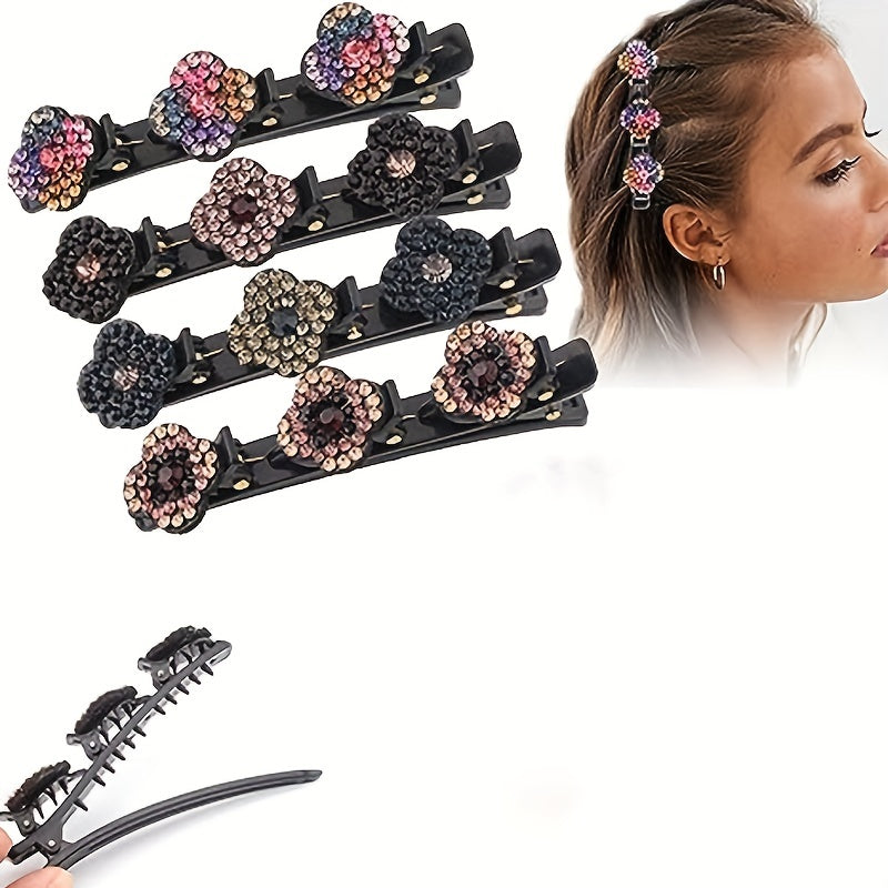 4PCS Braided Hair Clips Women Crystal Rhinestones Random Pattern