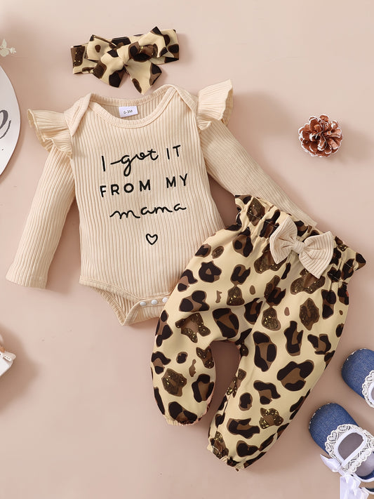 3pcs Baby's Ruffle Long Sleeve Bodysuit & Leopard Pants Set