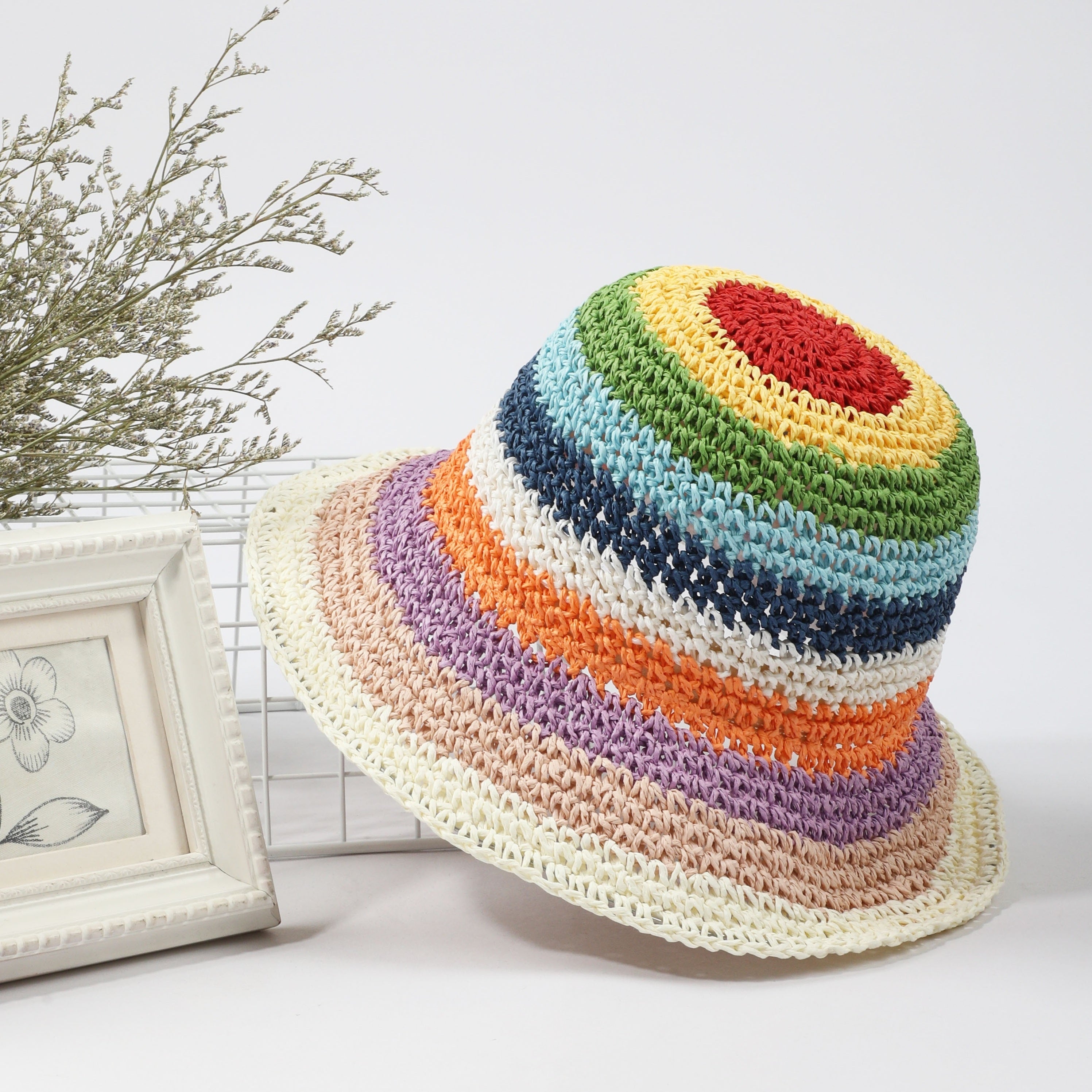 Rainbow Stripe Crochet Bucket Hat Breathable Foldable Straw Sun Hats