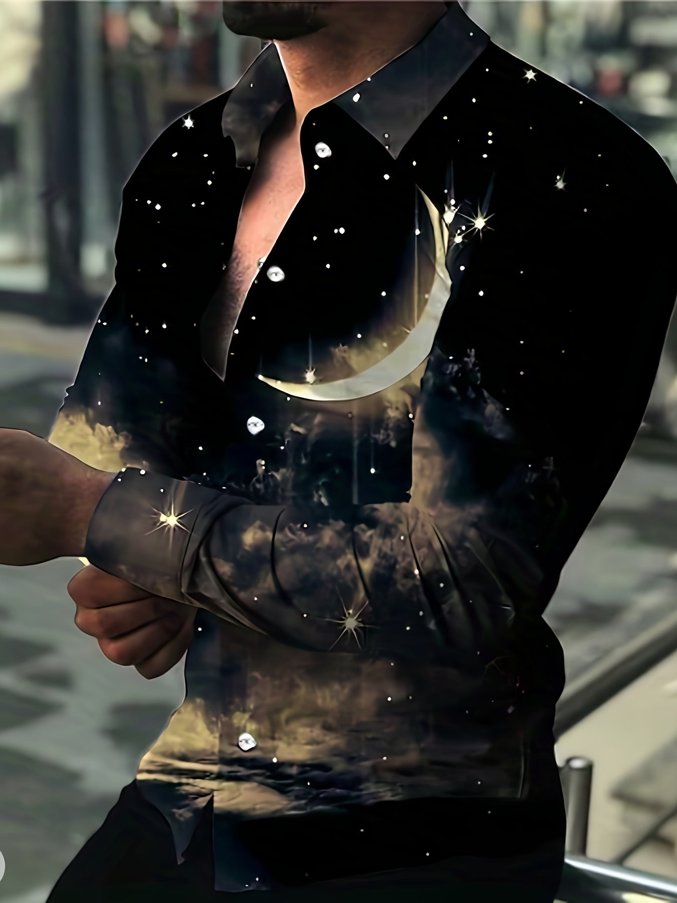 Star & Moon Print Men's Long Sleeve Shirt Autumn Wear