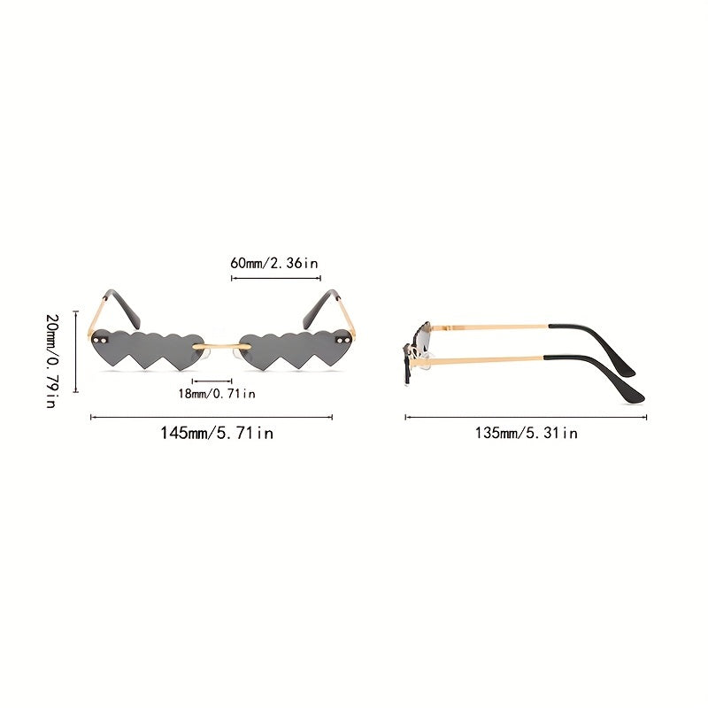 Y2K Heart Sunglasses Rimless Glasses Beach Prom Club UV400