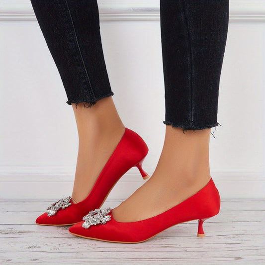 Women's Satin Kitten Heels Rhinestone Slip On Low Heels