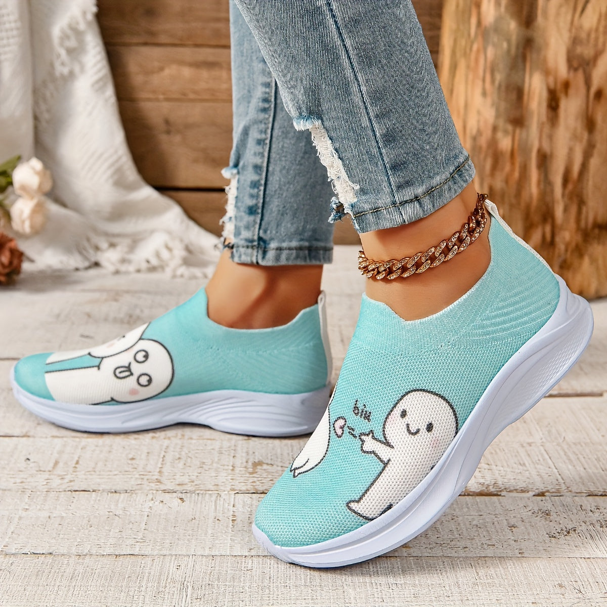Women's Cartoon Graphic Walking Shoes Elastic Soft Sole Casual Sneakers