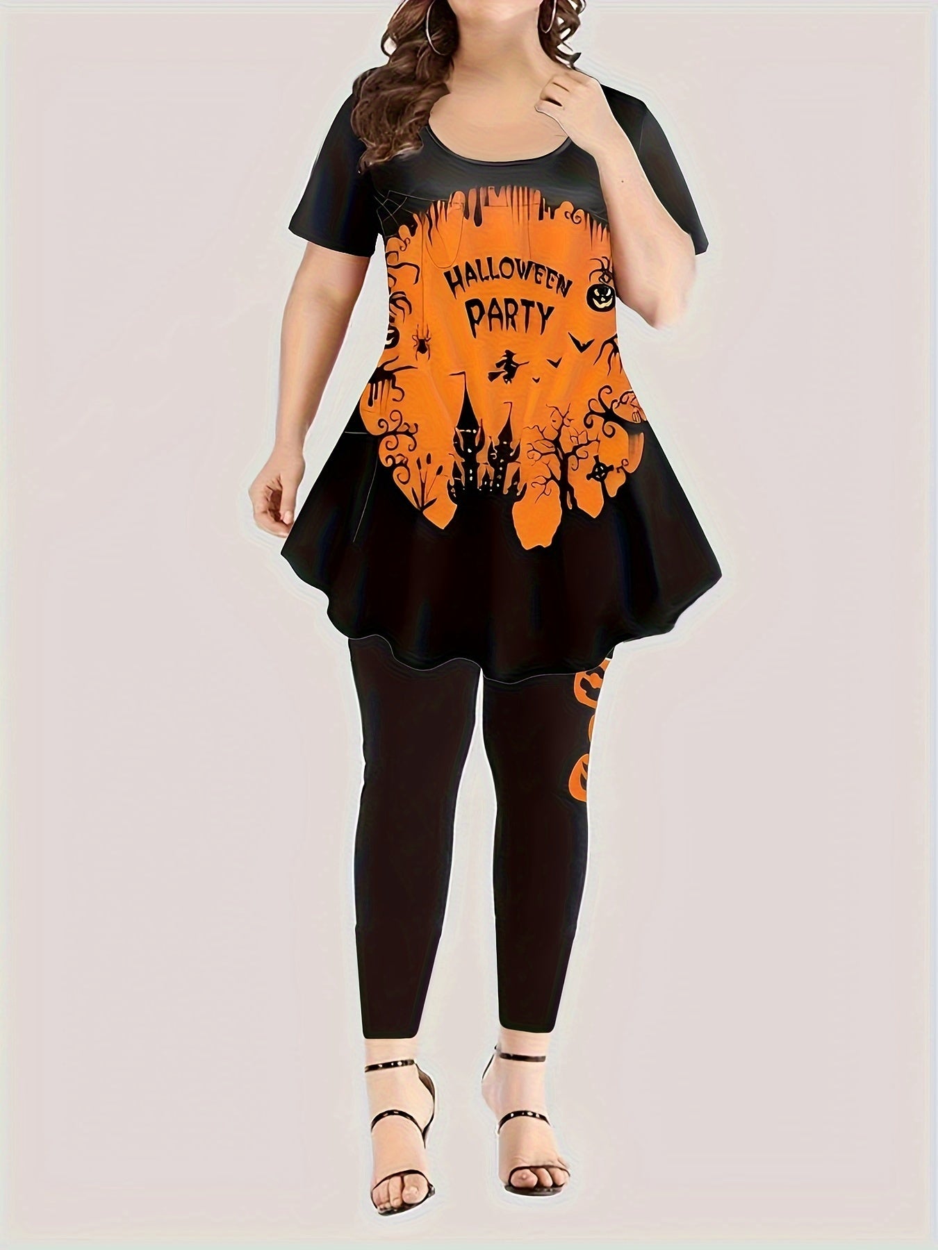  Halloween Gothic Outfits Set Women's Plus Pumpkin & Bat Print