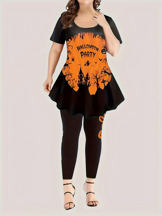  Halloween Gothic Outfits Set Women's Plus Pumpkin & Bat Print
