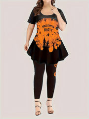  Halloween Gothic Outfits Set Women's Plus Pumpkin & Bat Print