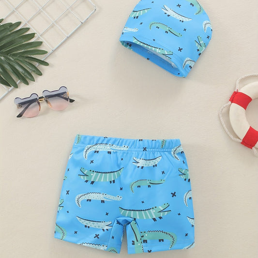 Boys Crocodile Print Swim Trunks & Cap Set for Beach Vacation