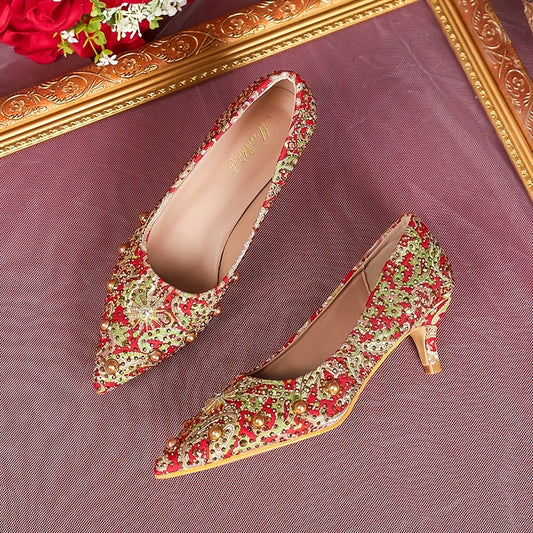 Pointed Toe Kitten Heel Pumps Slip-on Wedding Shoes