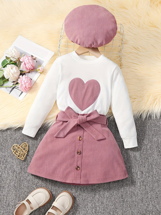 Girl's 3pcs Long Sleeve Top & Beret Hat & Belted Corduroy Skirt Set