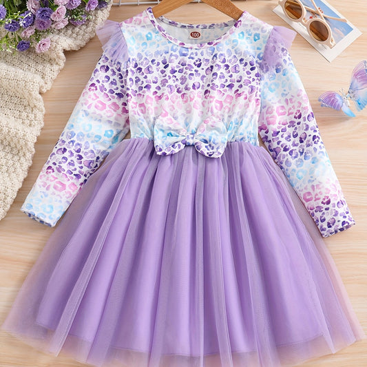 Girls' Leopard Stitching Mesh Tutu Dress for Spring
