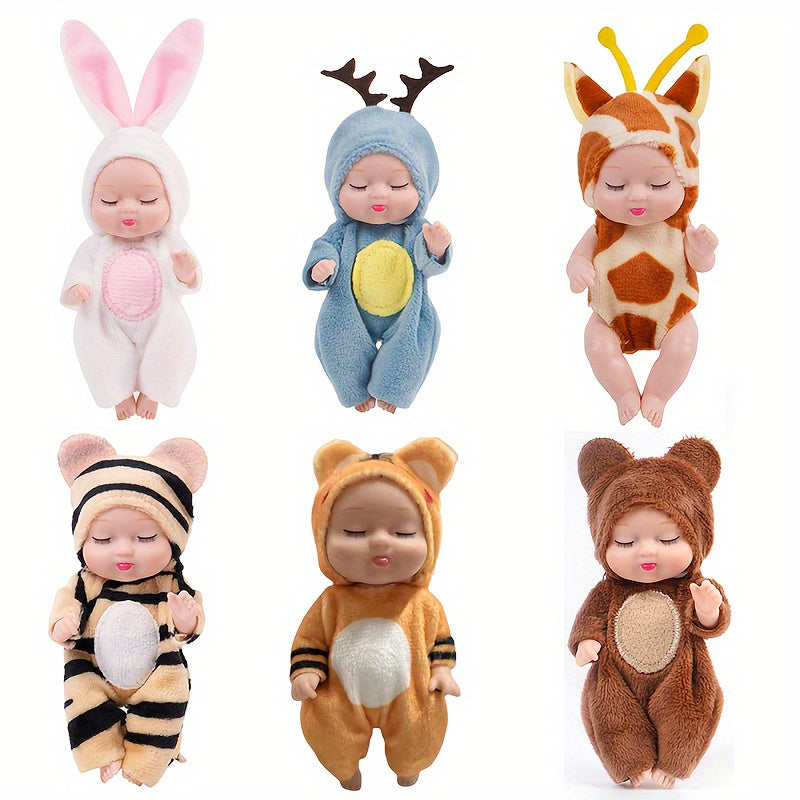 6 Cute Cartoon Stuffed Animal Dolls + Realistic Girl Doll Set
