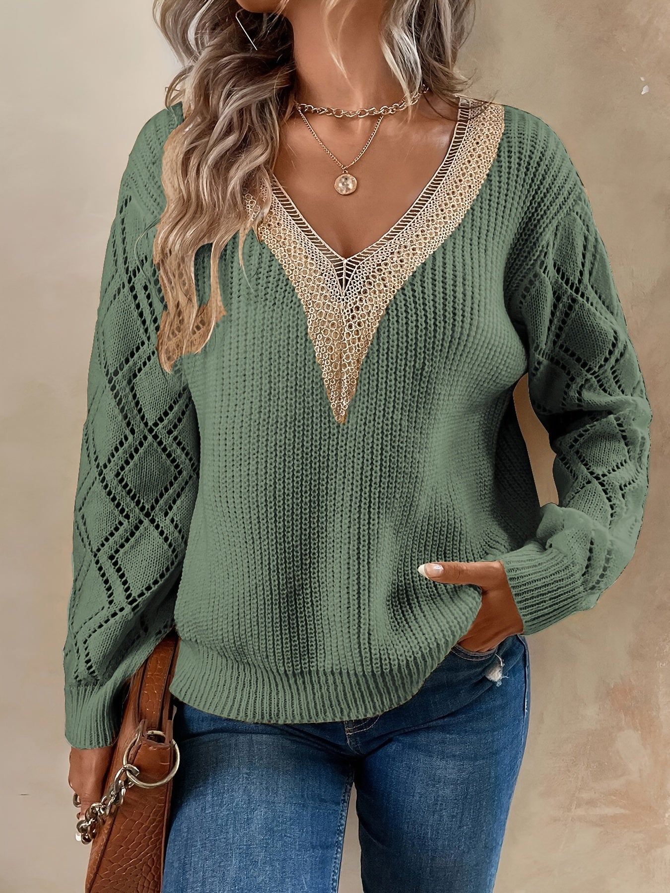 V Neck Guipure Lace Knit Sweater Long Sleeve Casual Top