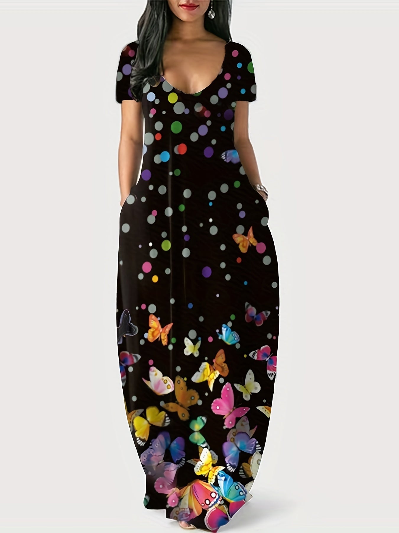  Butterfly & Dot Print Short Sleeve V Neck Maxi Dress With Pockets
