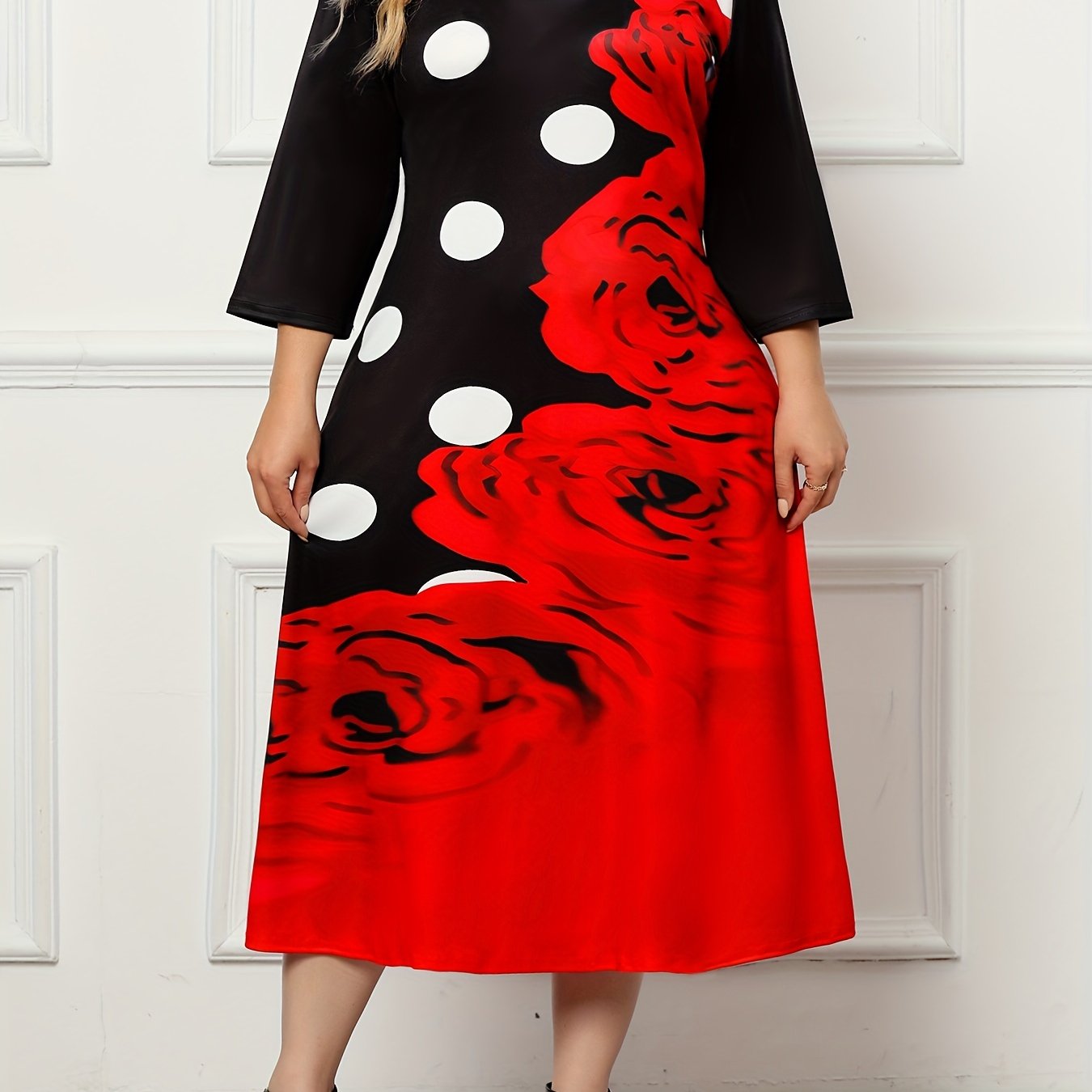 Plus Size Polka Dot & Floral Print Maxi Dress