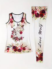 Wolf & Flower Print Two piece Set Casual Sleeveless Tank Top & Skinny Leggings
