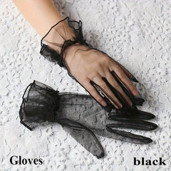 2pcs Sheer Mesh Short Gloves Ruffled Sleeve L