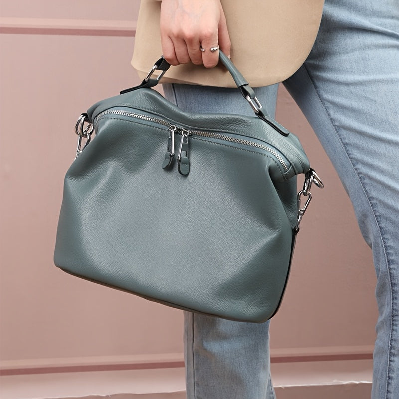 Vintage Leather Handbag Zipper Closure Adjustable Strap
