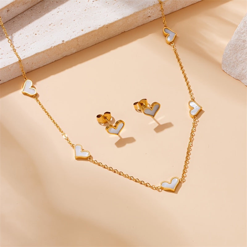 Stainless Steel Heart Jewelry Set with Shell Inlay for Women