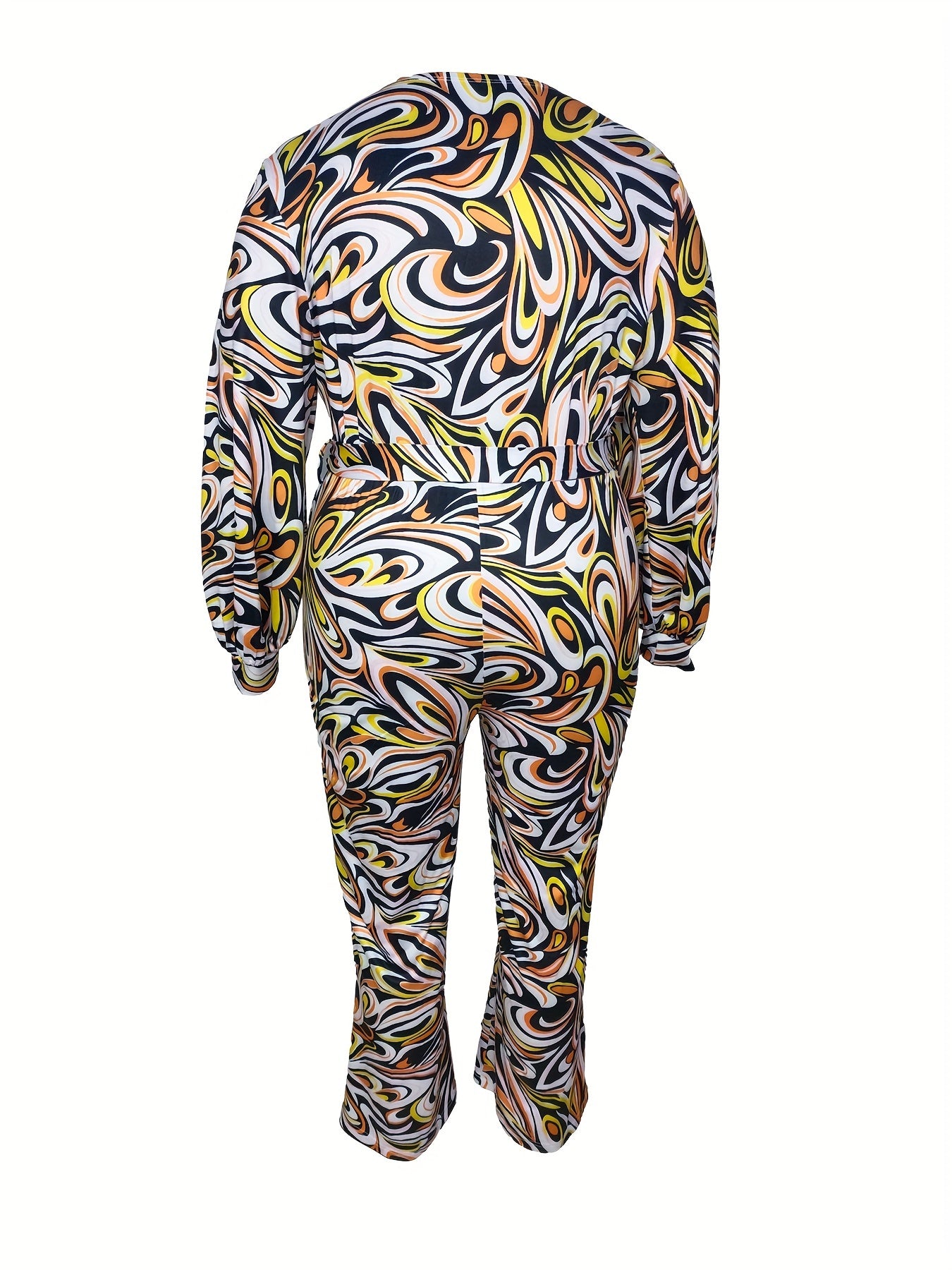 Casual Plus Size Allover Print Lantern Sleeve Wide Leg Jumpsuit