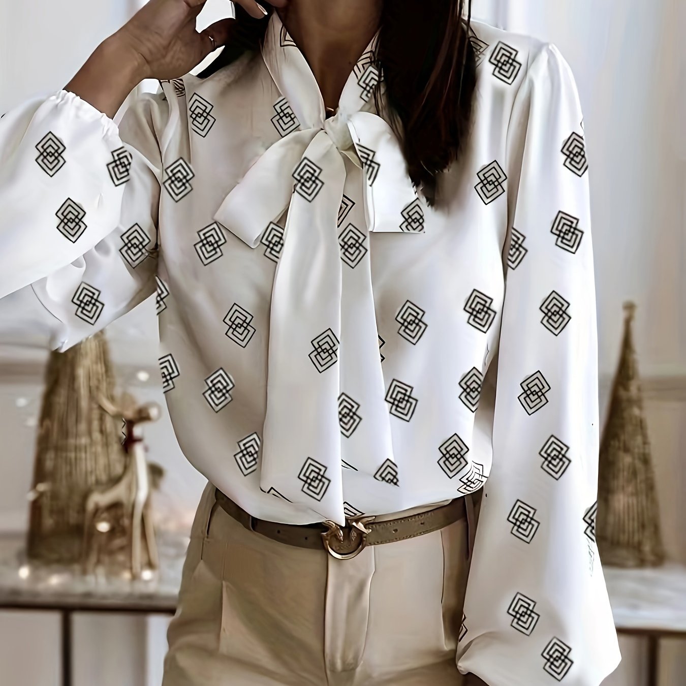  Casual Blouse Women's Plus Argyle Print Lantern Sleeve