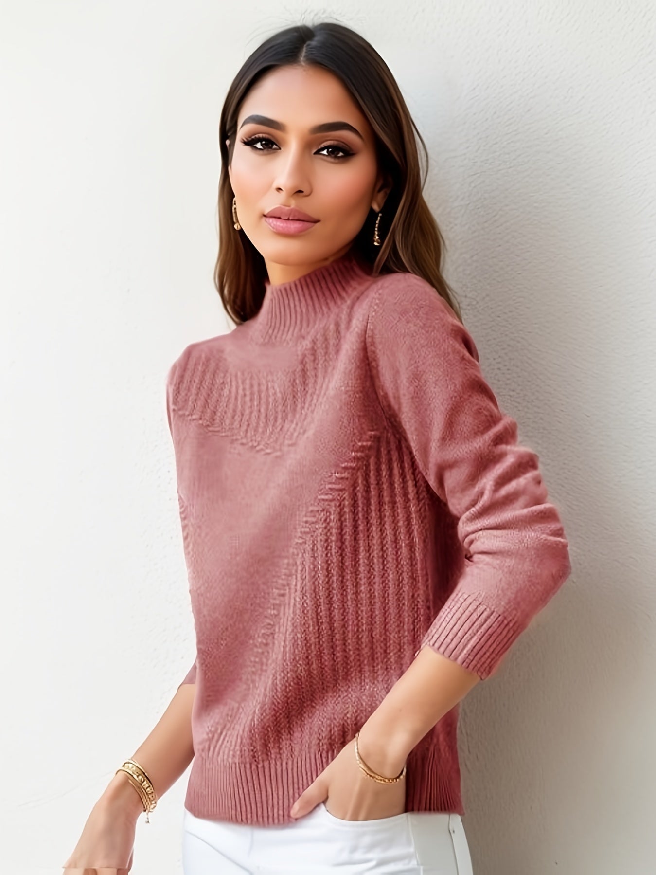 Warm Mock Neck Pullover Sweater for Women