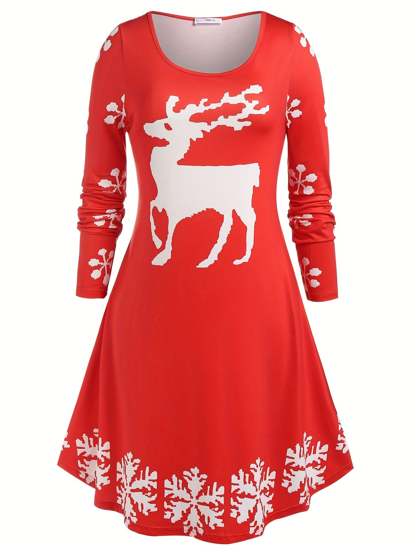  Christmas Casual Dress Women's Plus Deer & Snow Print Long Sleeve Swee