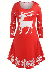  Christmas Casual Dress Women's Plus Deer & Snow Print Long Sleeve Swee