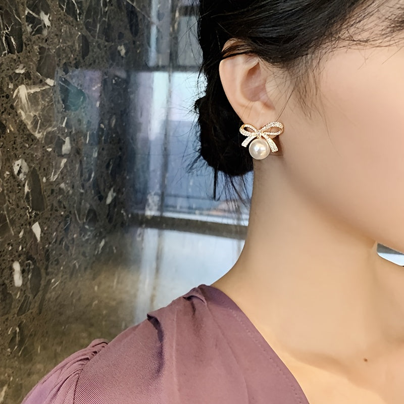 18K Plated Bow Rhinestone Pearl Stud Earrings Women's Jewelry