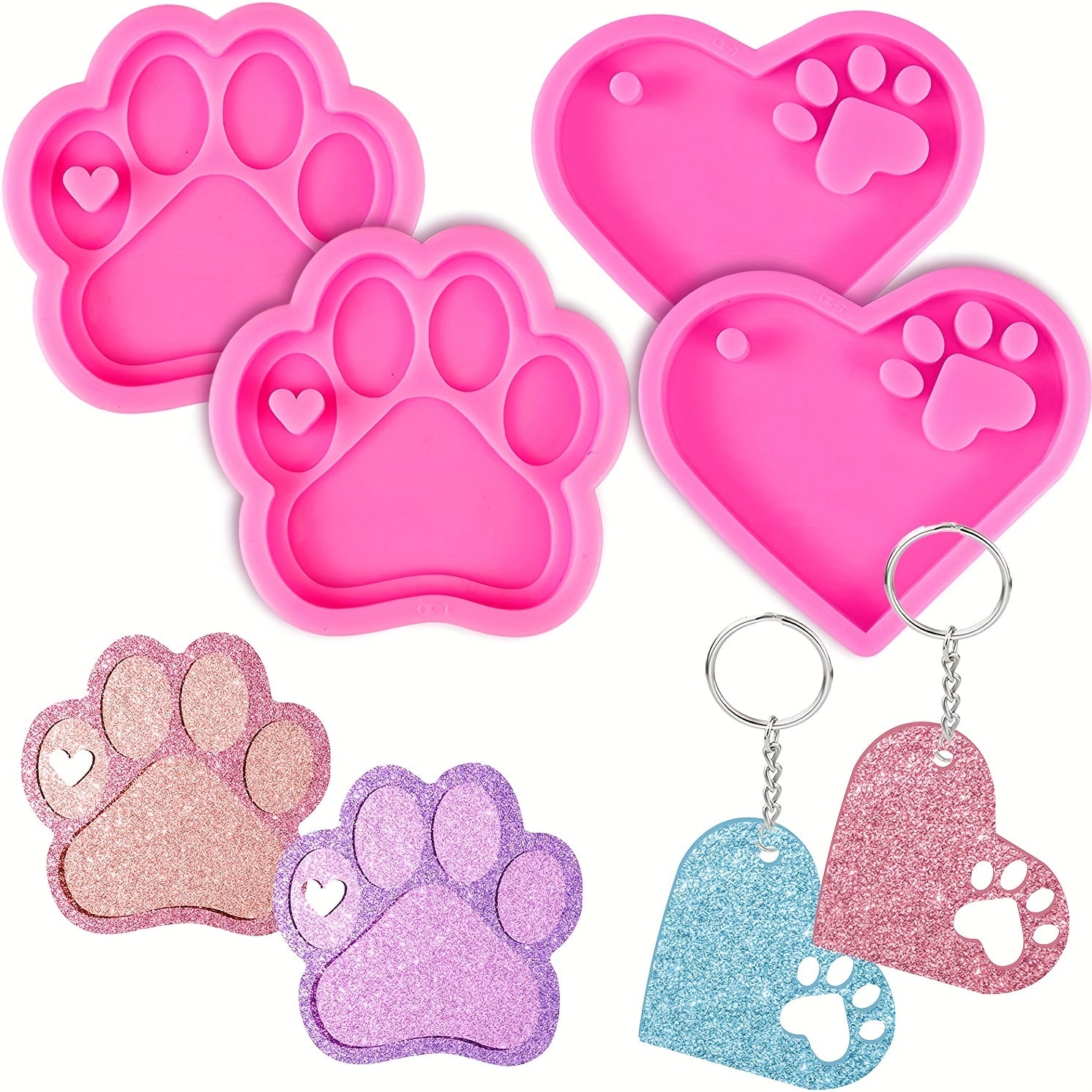 4pcs Dog Paw Heart Silicone Keychain Resin Molds with 10Pcs Keyrings