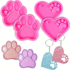 4pcs Dog Paw Heart Silicone Keychain Resin Molds with 10Pcs Keyrings