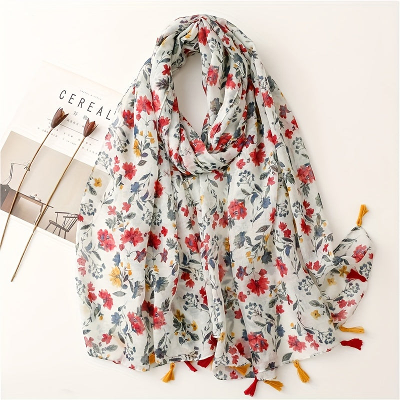 Boho Flower Print Tassel Scarf Vintage Gauze Shawl Hijab Turban