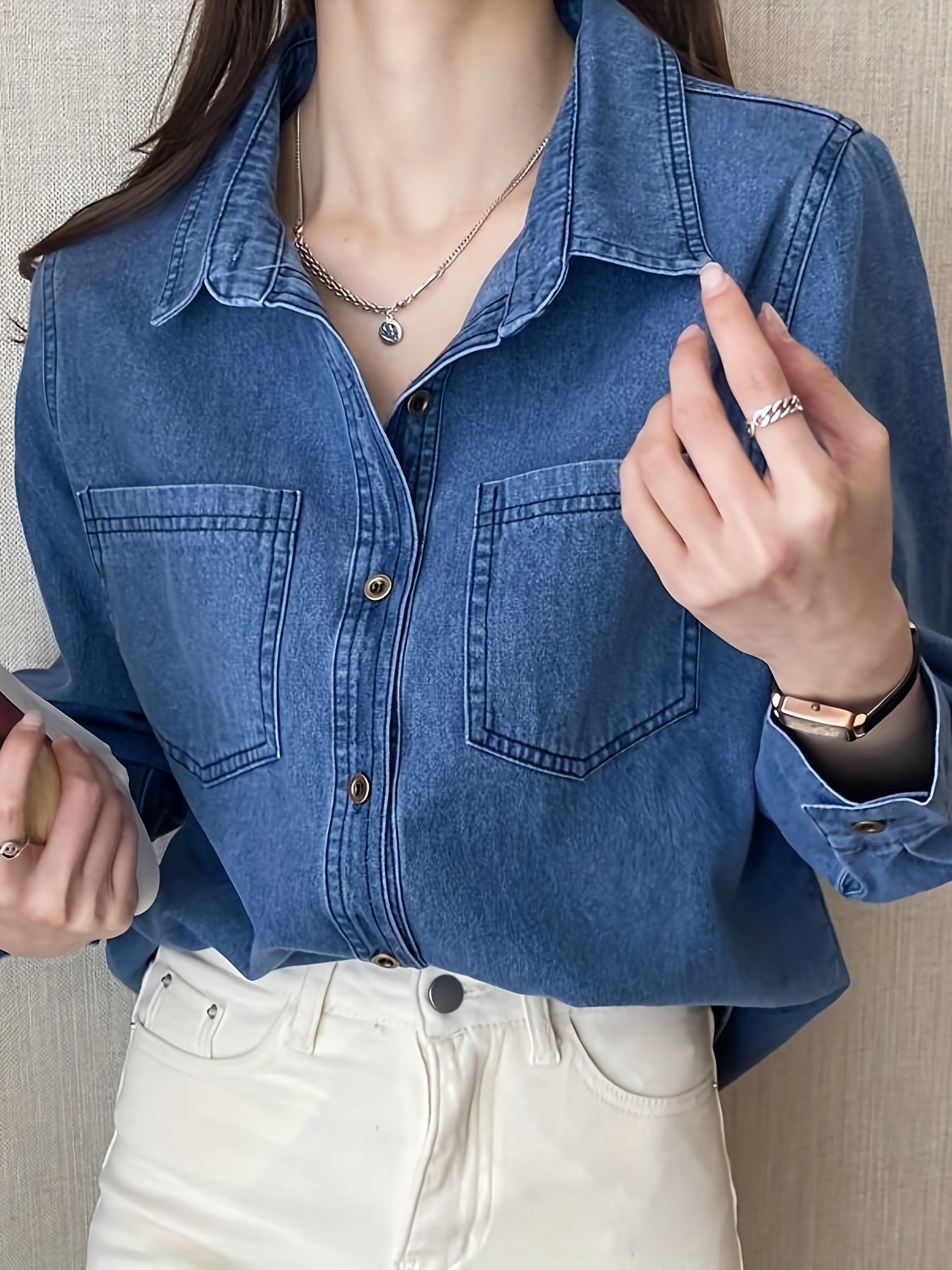 Loose Fit Long Sleeves Denim Shirt with Lapel