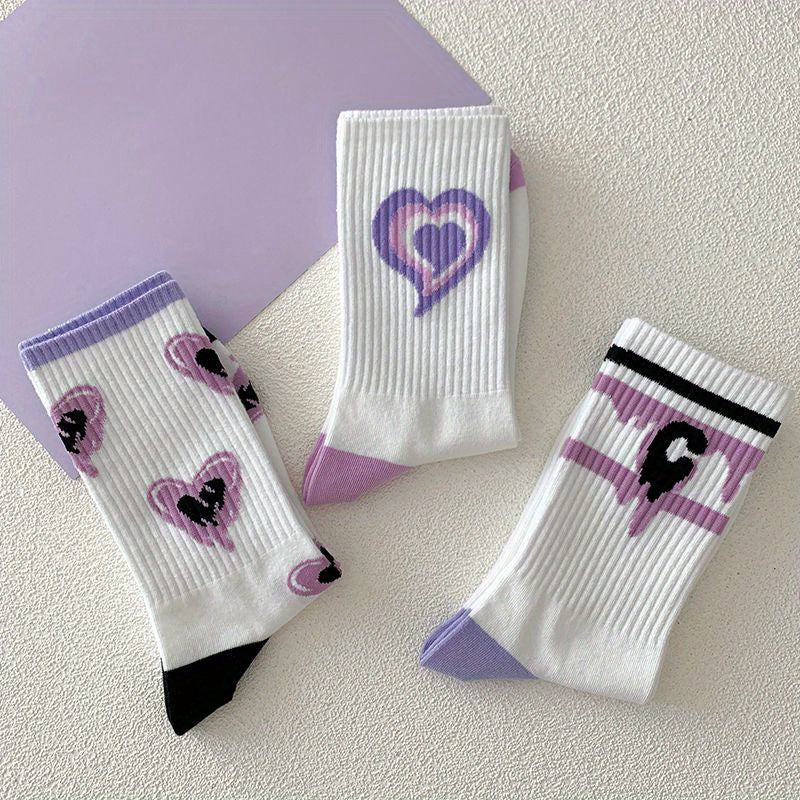 3 Pairs Heart Pattern Socks Breathable Cartoon Sports Stockings
