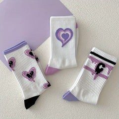 3 Pairs Heart Pattern Socks Breathable Cartoon Sports Stockings