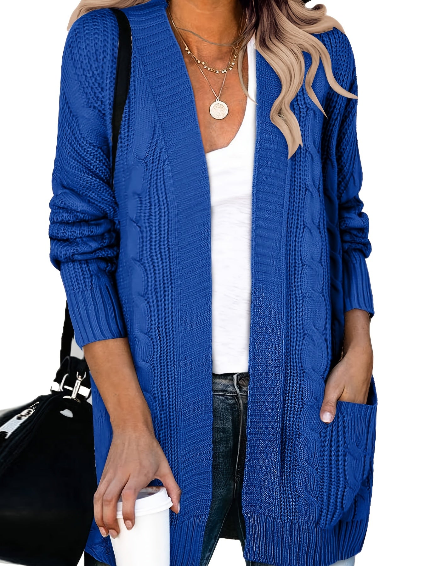  Solid Cable Long Sleeve Open Front Cardigan With Pockets