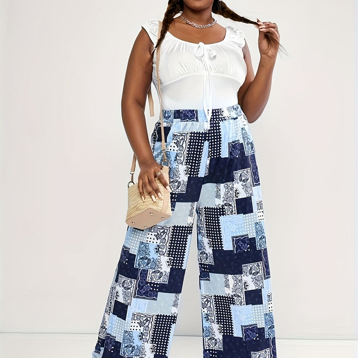  Patchwork Print Elastic High Rise Wide Leg Trousers