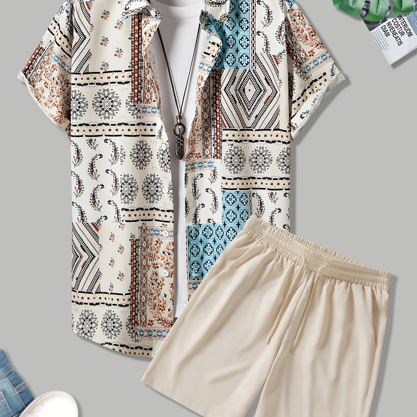 Men's Tribal Pattern Shirt & Solid Shorts Set For Outdoor Summer