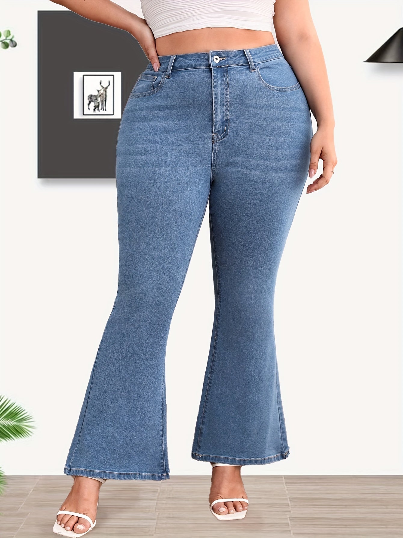  Washed Button Fly High Rise Flared Leg Jeans