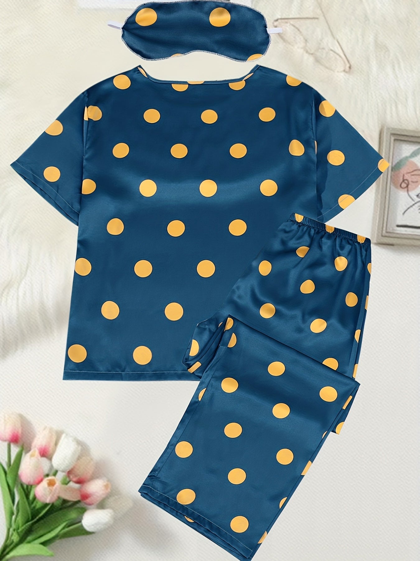  Polka Dot Satin Pajama Set with Eye Mask