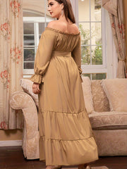 Solid Off Shoulder Maxi Dress With Belt