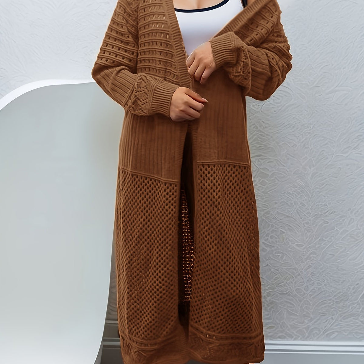  Solid Hollow Out Long Sleeve Open Front Long Cardigan