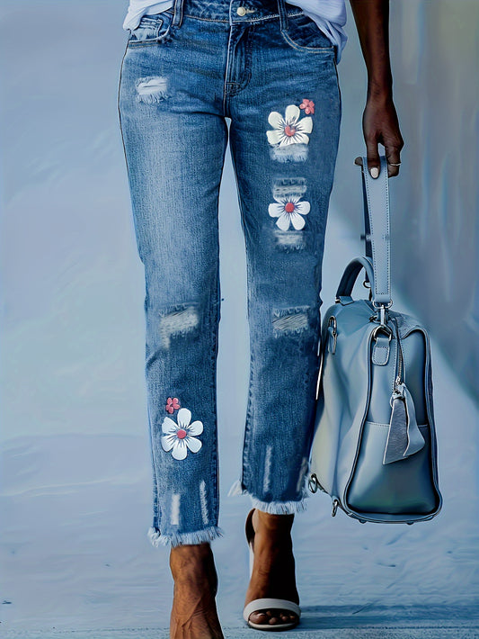 Women's Plus Floral Print Ripped Fringe Trim Jeans